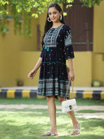 Thumbnail for Juniper Navy Rayon Festive Printed Tiered Short Dress For Women - Distacart