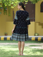Thumbnail for Juniper Navy Rayon Festive Printed Tiered Short Dress For Women - Distacart