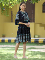 Thumbnail for Juniper Navy Rayon Festive Printed Tiered Short Dress For Women - Distacart