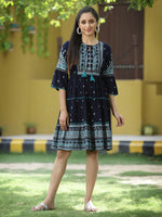 Thumbnail for Juniper Navy Rayon Festive Printed Tiered Short Dress For Women - Distacart