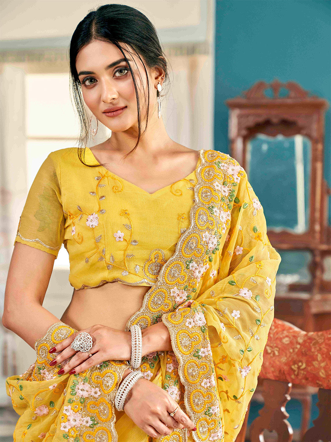 Tikhi Imli Yellow Ethnic Motifs Beads and Stones Embroidered Saree - Distacart