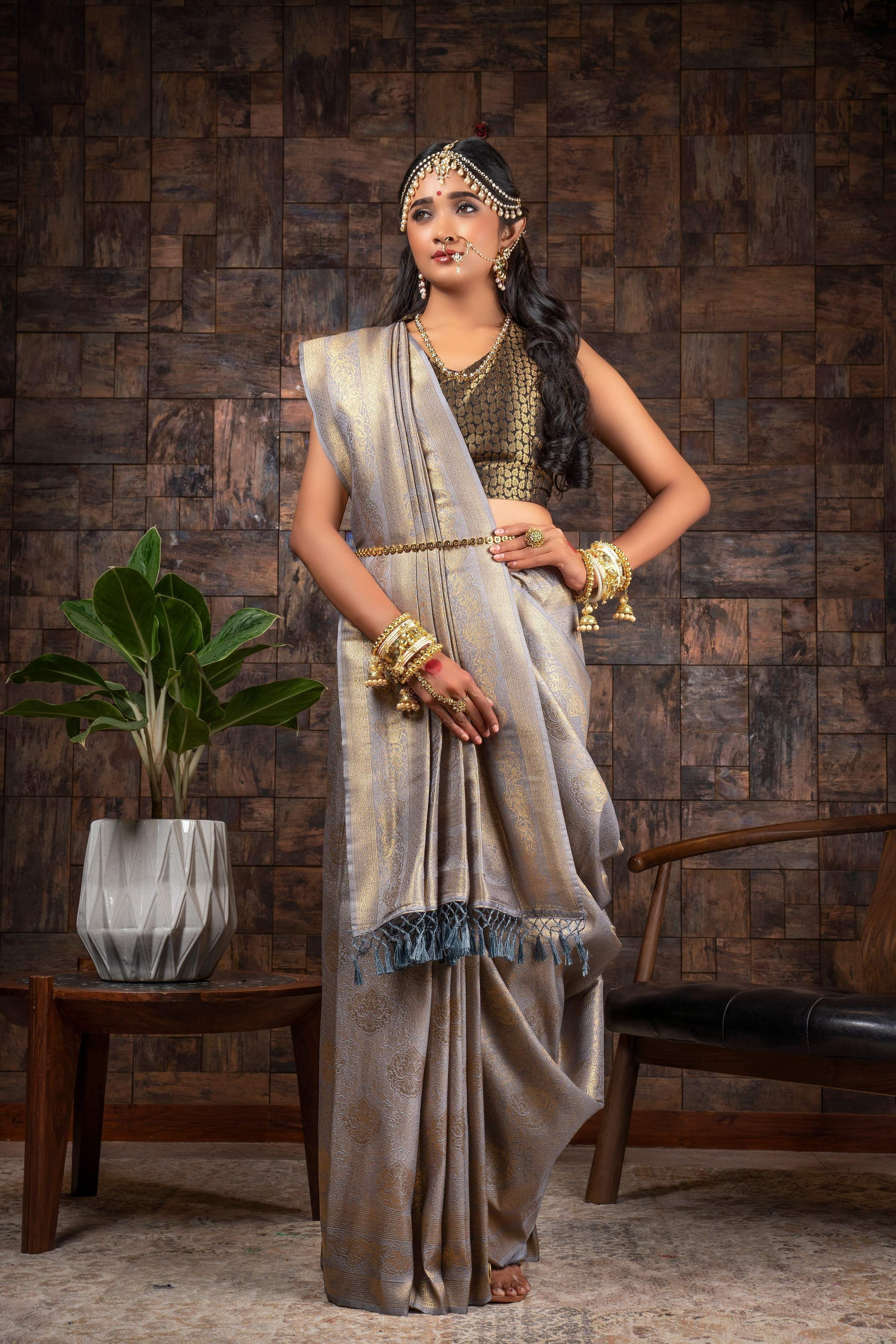 Vardha Seal Grey Golden Zari Kanjeevaram Silk Saree