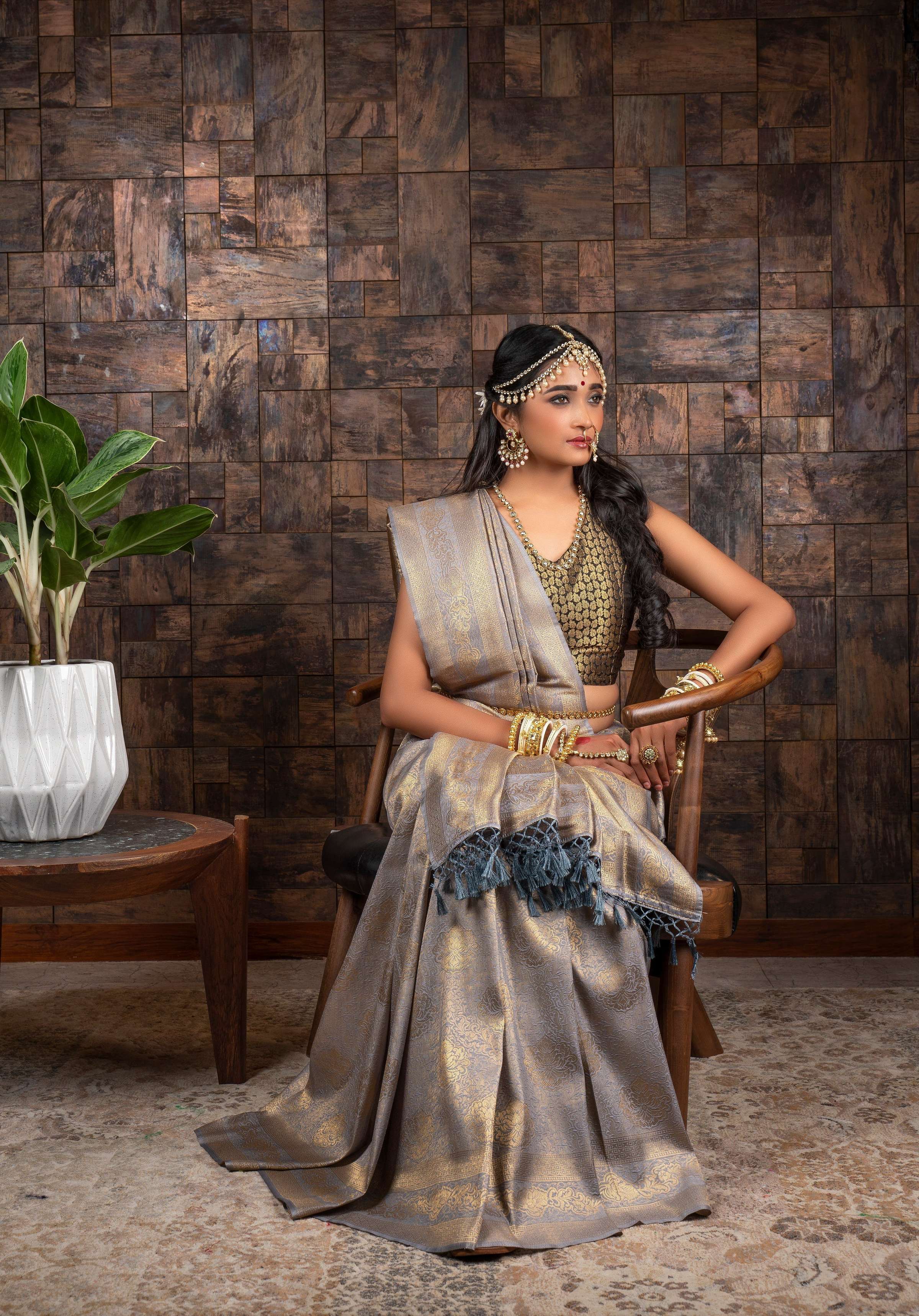 Vardha Seal Grey Golden Zari Kanjeevaram Silk Saree