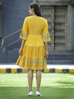 Thumbnail for Juniper Mustard Rayon Festive Printed Tiered Short Dress For Women - Distacart