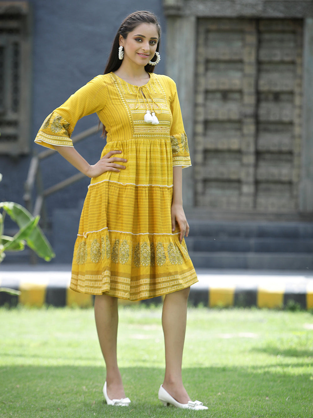 Juniper Mustard Rayon Festive Printed Tiered Short Dress For Women - Distacart