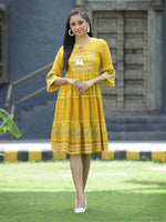 Thumbnail for Juniper Mustard Rayon Festive Printed Tiered Short Dress For Women - Distacart
