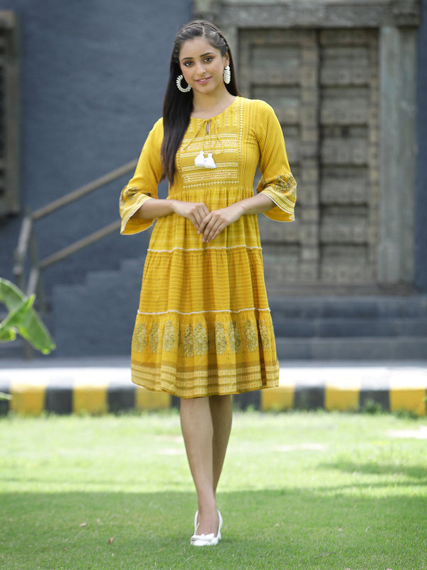 Juniper Mustard Rayon Festive Printed Tiered Short Dress For Women - Distacart
