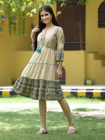 Thumbnail for Juniper Beige Rayon Casual Wear Printed Tiered Short Dress - Distacart