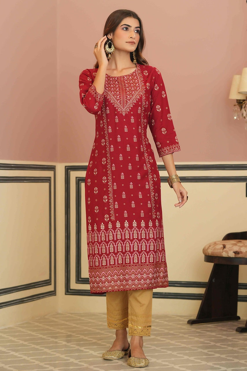 Juniper Maroon Rayon Festive Printed Straight Kurta For Women - Distacart