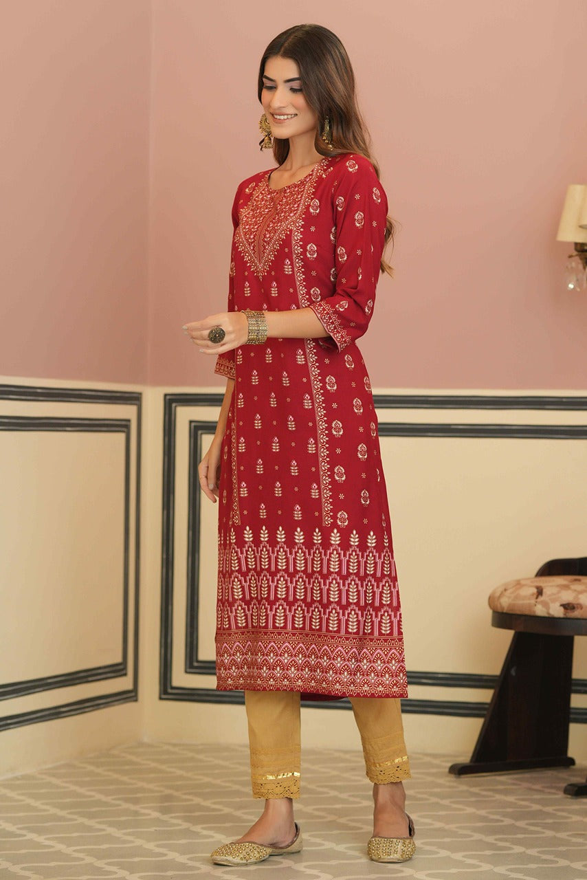 Juniper Maroon Rayon Festive Printed Straight Kurta For Women - Distacart