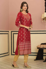 Thumbnail for Juniper Maroon Rayon Festive Printed Straight Kurta For Women - Distacart