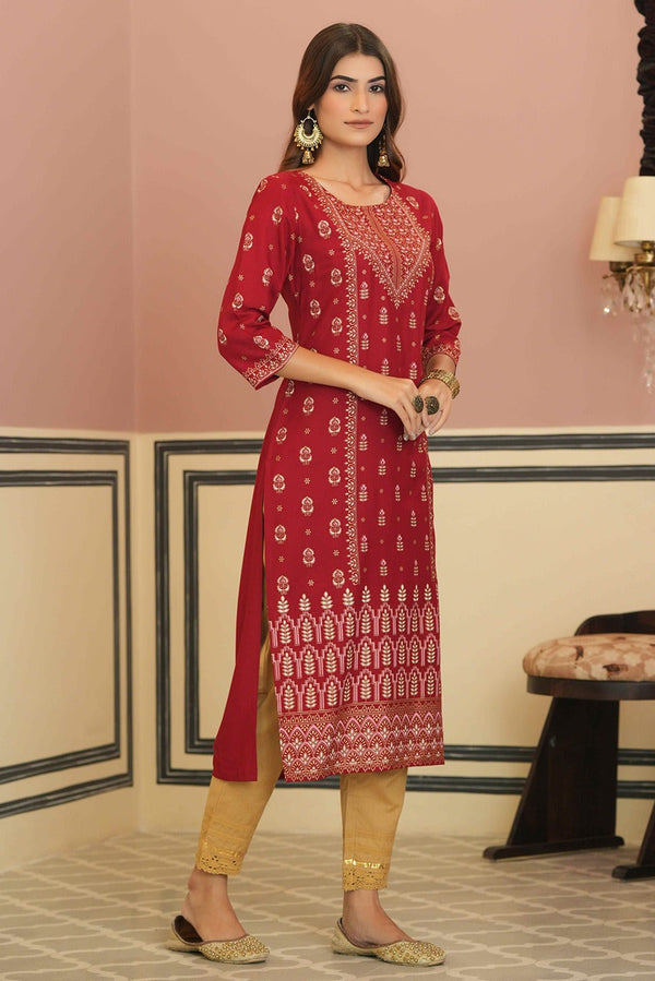Juniper Maroon Rayon Festive Printed Straight Kurta For Women - Distacart