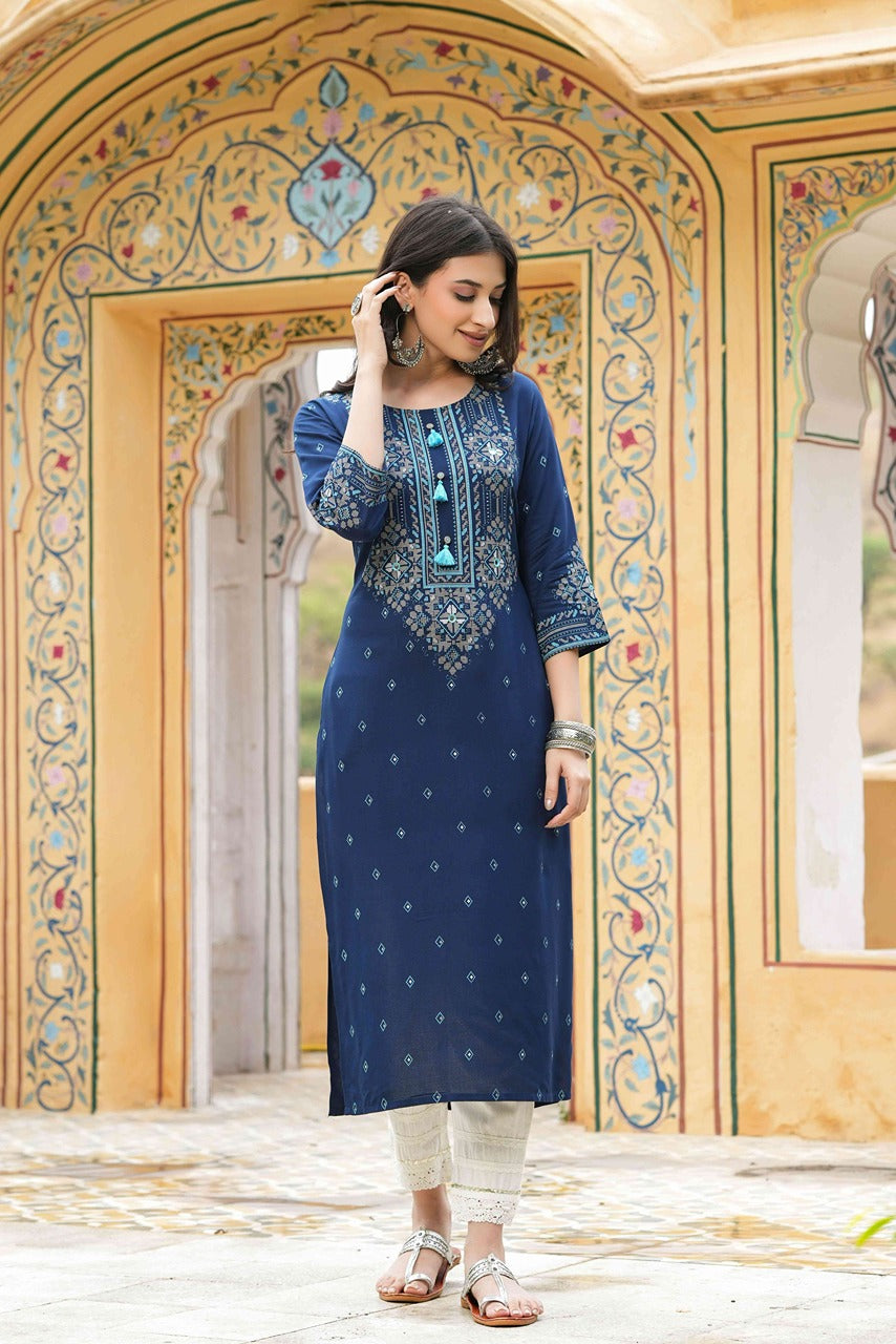 Juniper Blue Rayon Festive Printed Straight Kurta For Women - Distacart