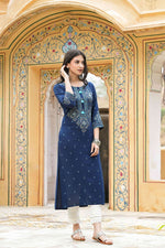 Thumbnail for Juniper Blue Rayon Festive Printed Straight Kurta For Women - Distacart