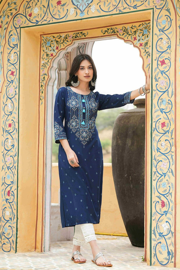 Juniper Blue Rayon Festive Printed Straight Kurta For Women - Distacart