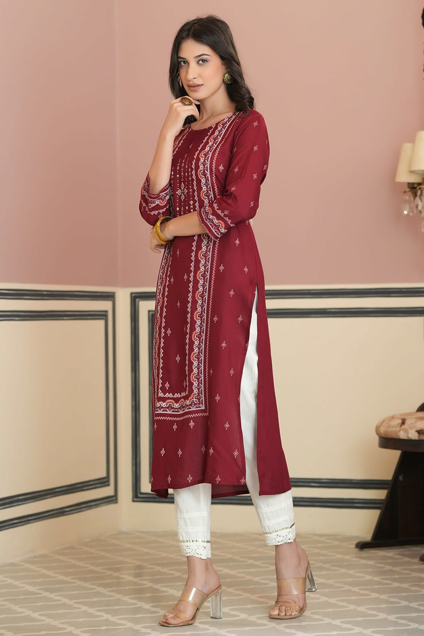 Juniper Maroon Rayon Festive Printed Straight Kurta For Women - Distacart