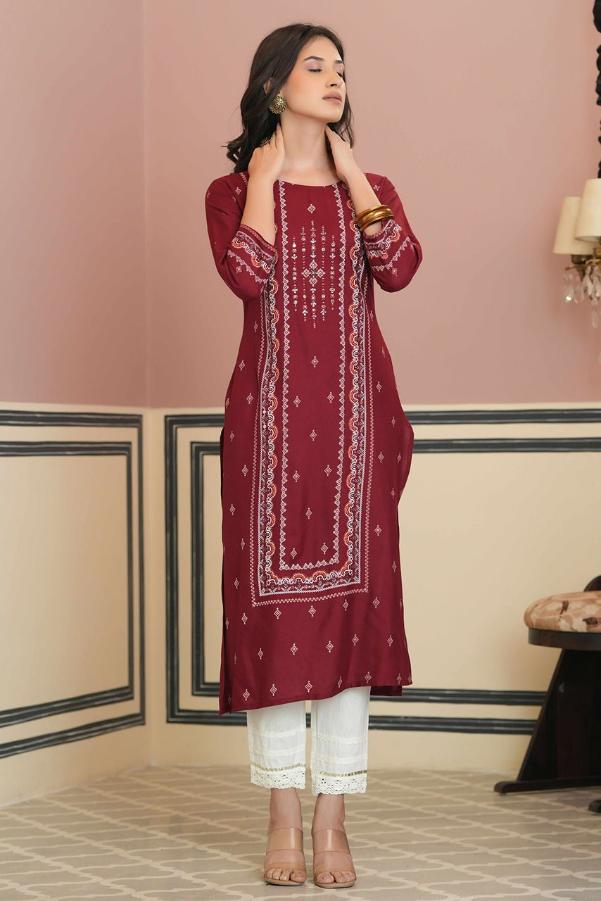 Juniper Maroon Rayon Festive Printed Straight Kurta For Women - Distacart