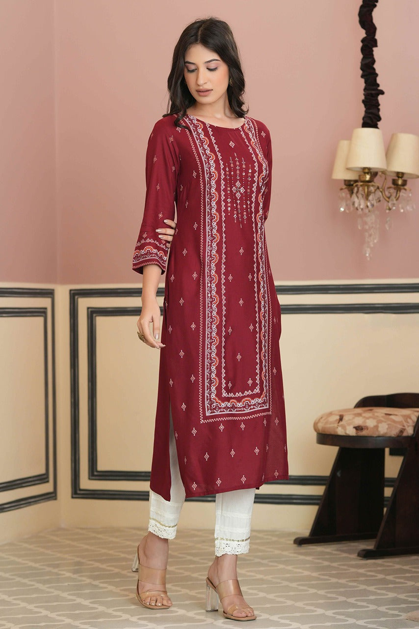 Juniper Maroon Rayon Festive Printed Straight Kurta For Women - Distacart