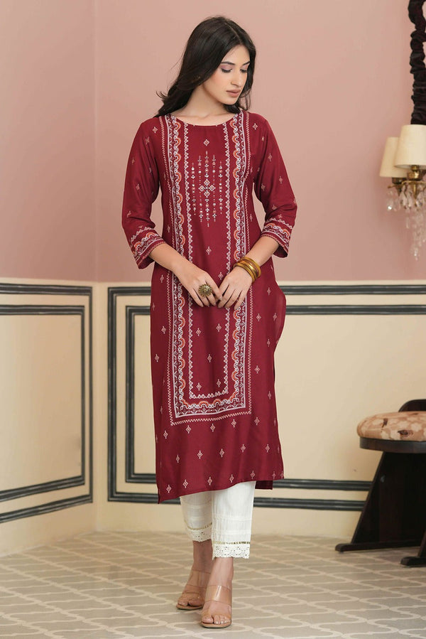 Juniper Maroon Rayon Festive Printed Straight Kurta For Women - Distacart