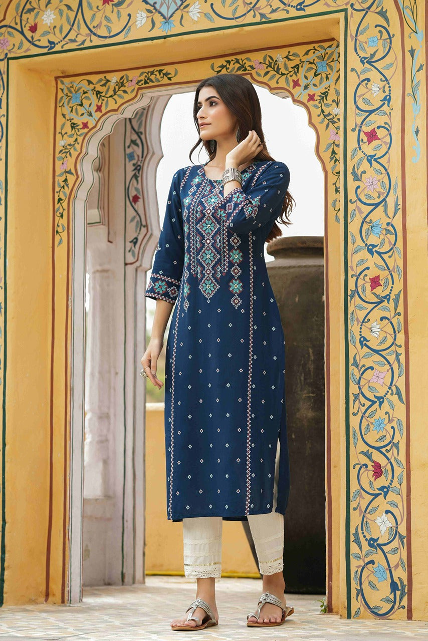 Juniper Blue Rayon Festive Printed Straight Kurta For Women - Distacart