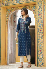 Thumbnail for Juniper Blue Rayon Festive Printed Straight Kurta For Women - Distacart