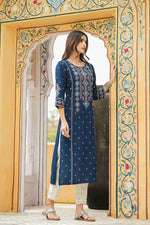 Thumbnail for Juniper Blue Rayon Festive Printed Straight Kurta For Women - Distacart