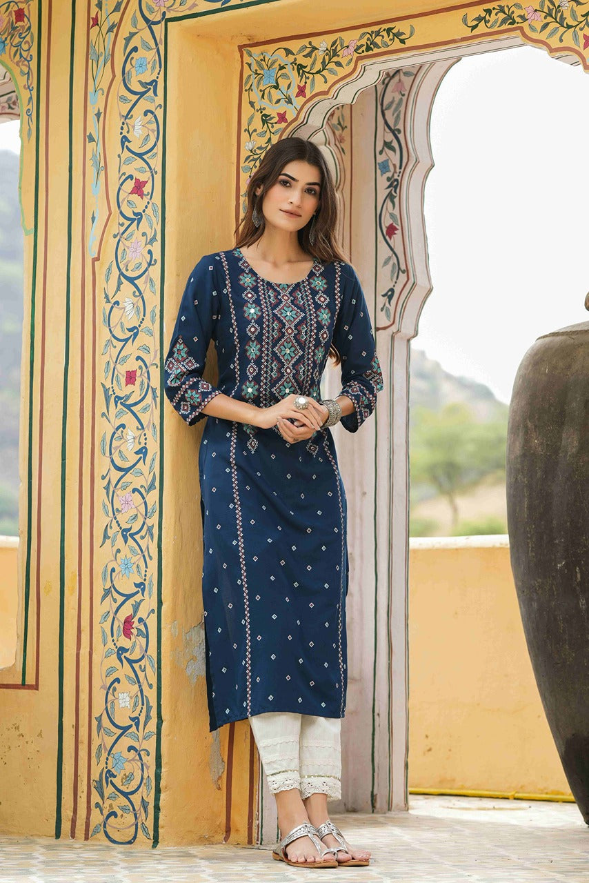 Juniper Blue Rayon Festive Printed Straight Kurta For Women - Distacart