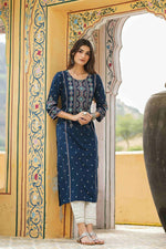 Thumbnail for Juniper Blue Rayon Festive Printed Straight Kurta For Women - Distacart