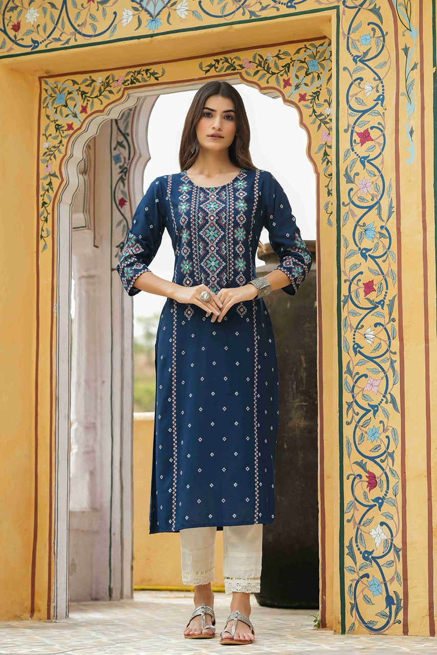 Juniper Blue Rayon Festive Printed Straight Kurta For Women - Distacart