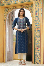 Thumbnail for Juniper Blue Rayon Festive Printed Straight Kurta For Women - Distacart
