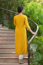 Thumbnail for Juniper Mustard Rayon Festive Printed Straight Kurta For Women - Distacart