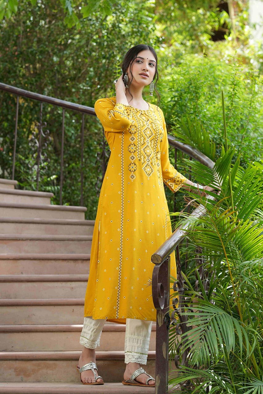 Juniper Mustard Rayon Festive Printed Straight Kurta For Women - Distacart