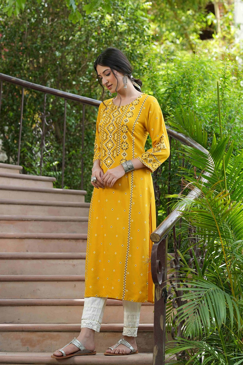 Juniper Mustard Rayon Festive Printed Straight Kurta For Women - Distacart