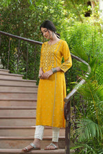 Thumbnail for Juniper Mustard Rayon Festive Printed Straight Kurta For Women - Distacart