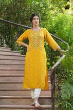 Thumbnail for Juniper Mustard Rayon Festive Printed Straight Kurta For Women - Distacart