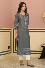 Thumbnail for Juniper Grey Rayon Festive Embroidered Straight Kurta For Women - Distacart