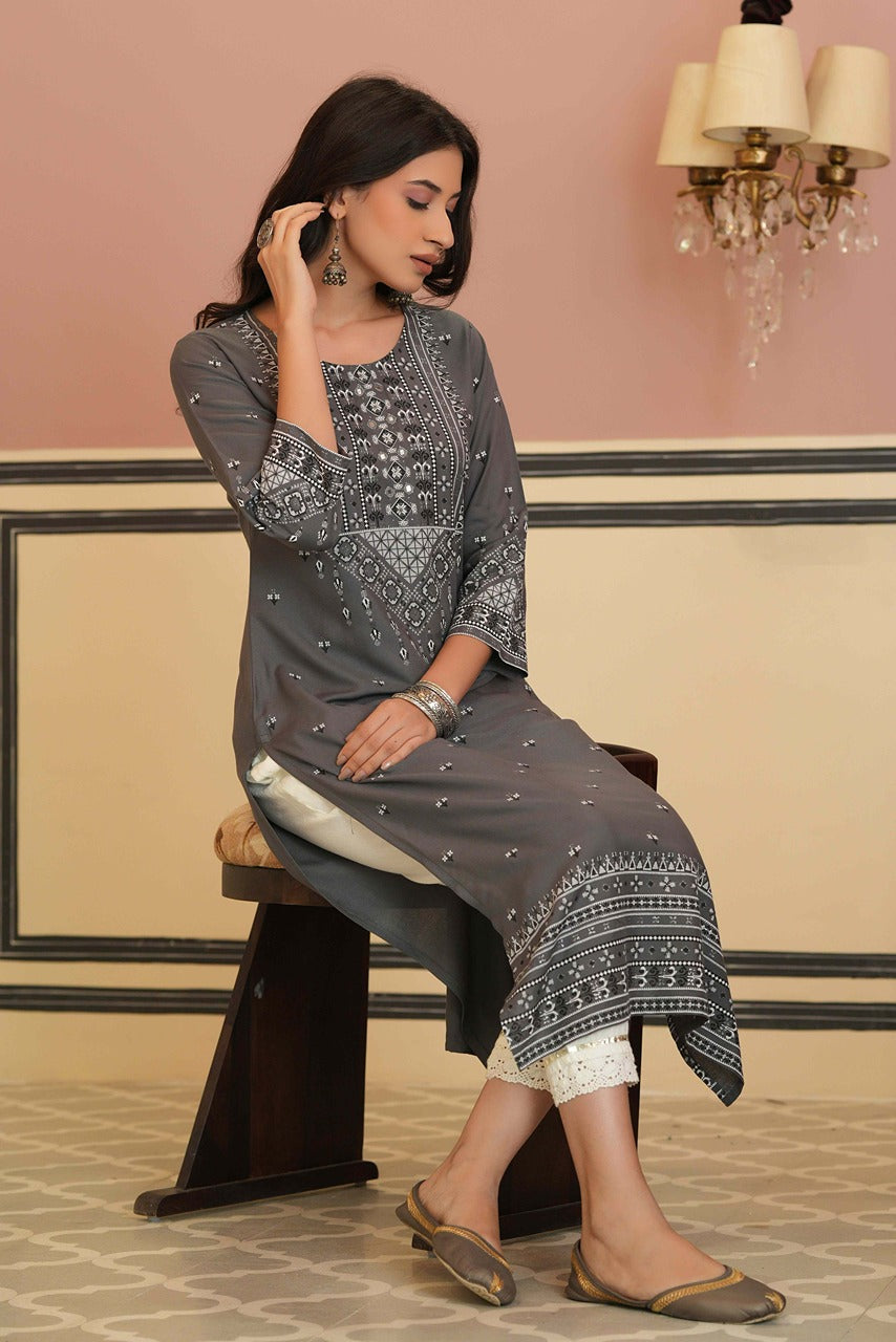 Juniper Grey Rayon Festive Embroidered Straight Kurta For Women - Distacart