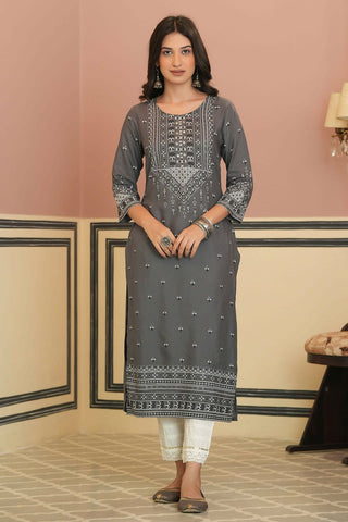 Juniper Grey Rayon Festive Embroidered Straight Kurta For Women - Distacart
