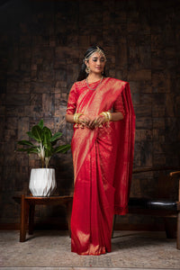 Thumbnail for Vardha Candy Apple Red Golden Zari Kanjeevaram Silk Saree