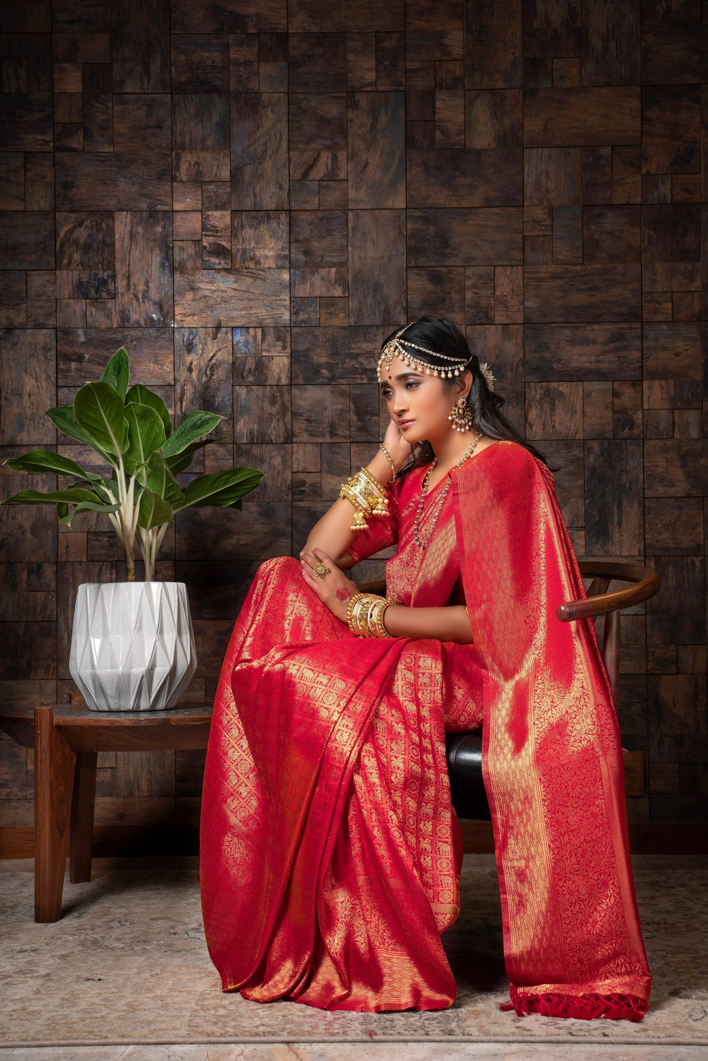 Vardha Candy Apple Red Golden Zari Kanjeevaram Silk Saree