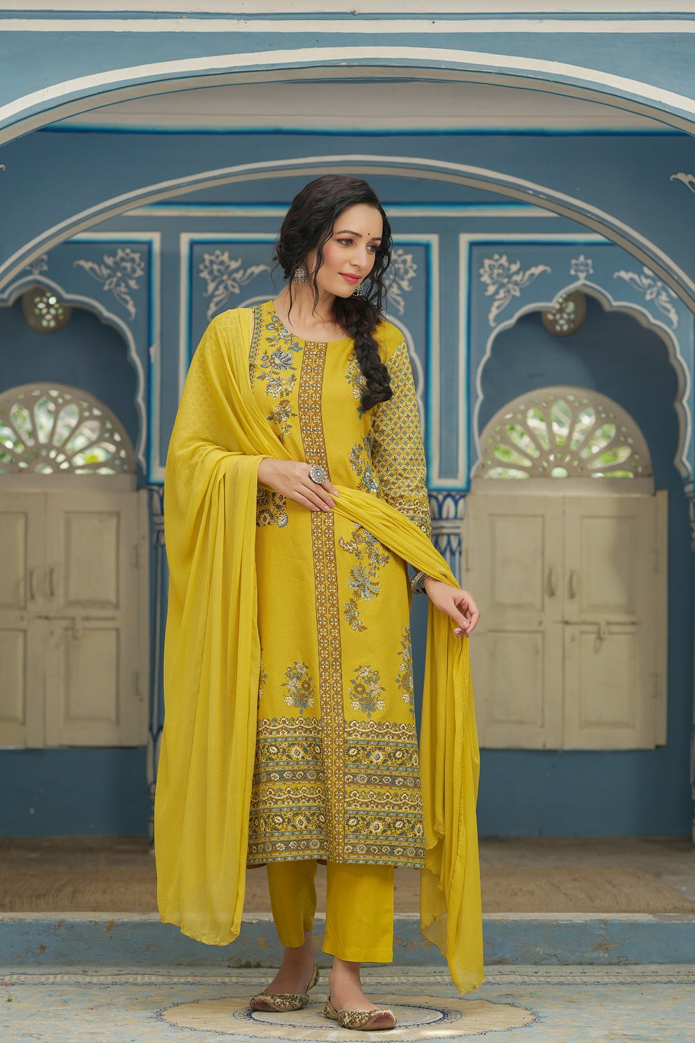 Juniper Mustard Rayon Festive Printed Straight Skd For Women - Distacart