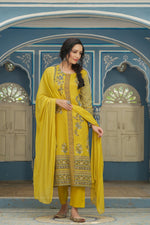 Thumbnail for Juniper Mustard Rayon Festive Printed Straight Skd For Women - Distacart