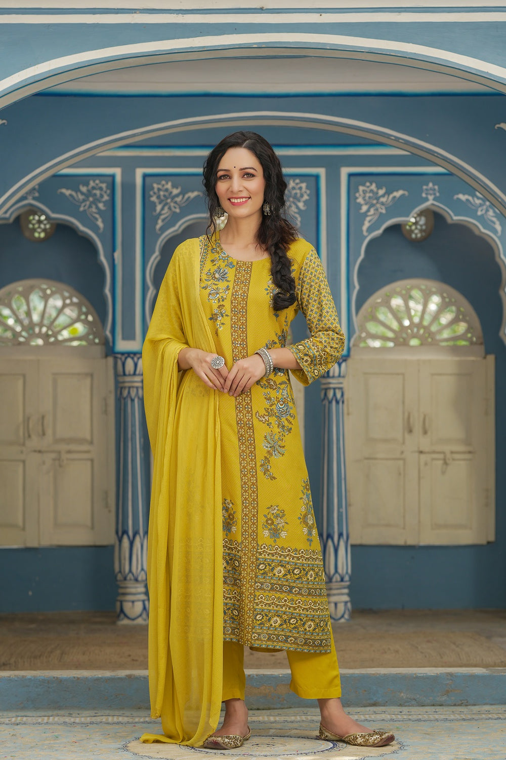 Juniper Mustard Rayon Festive Printed Straight Skd For Women - Distacart