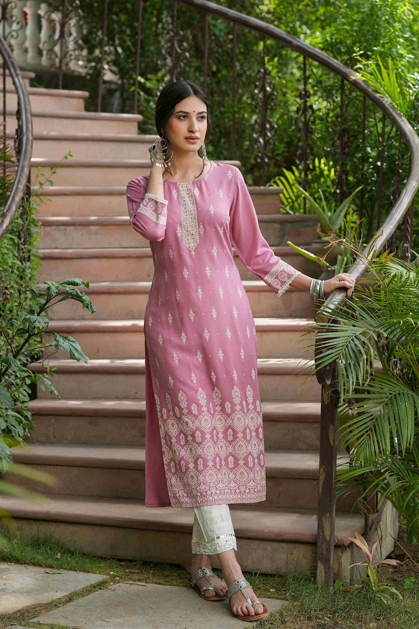 Juniper Onion Pink Rayon Festive Printed Straight Kurta For Women - Distacart