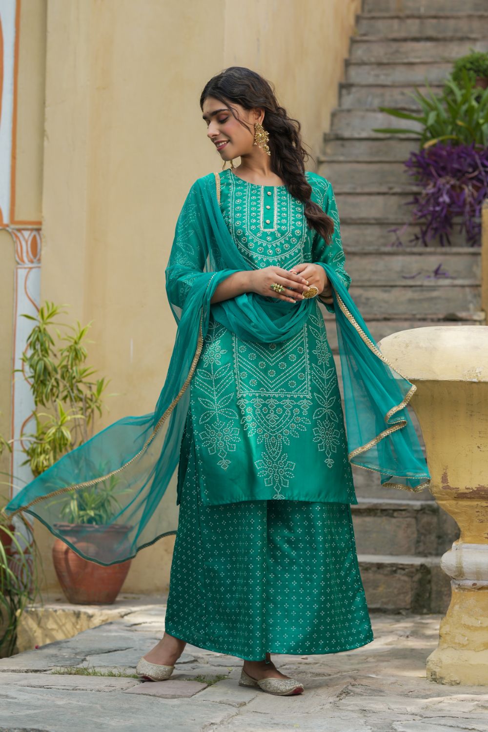 Juniper Womens Teal Shantoon Slub Bandhani Printed Kurta Palazzo Dupatta Set - Distacart