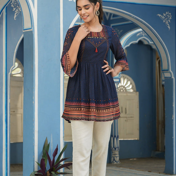 Juniper Indigo Georgette Festive Printed Flared Tunic For Women - Distacart