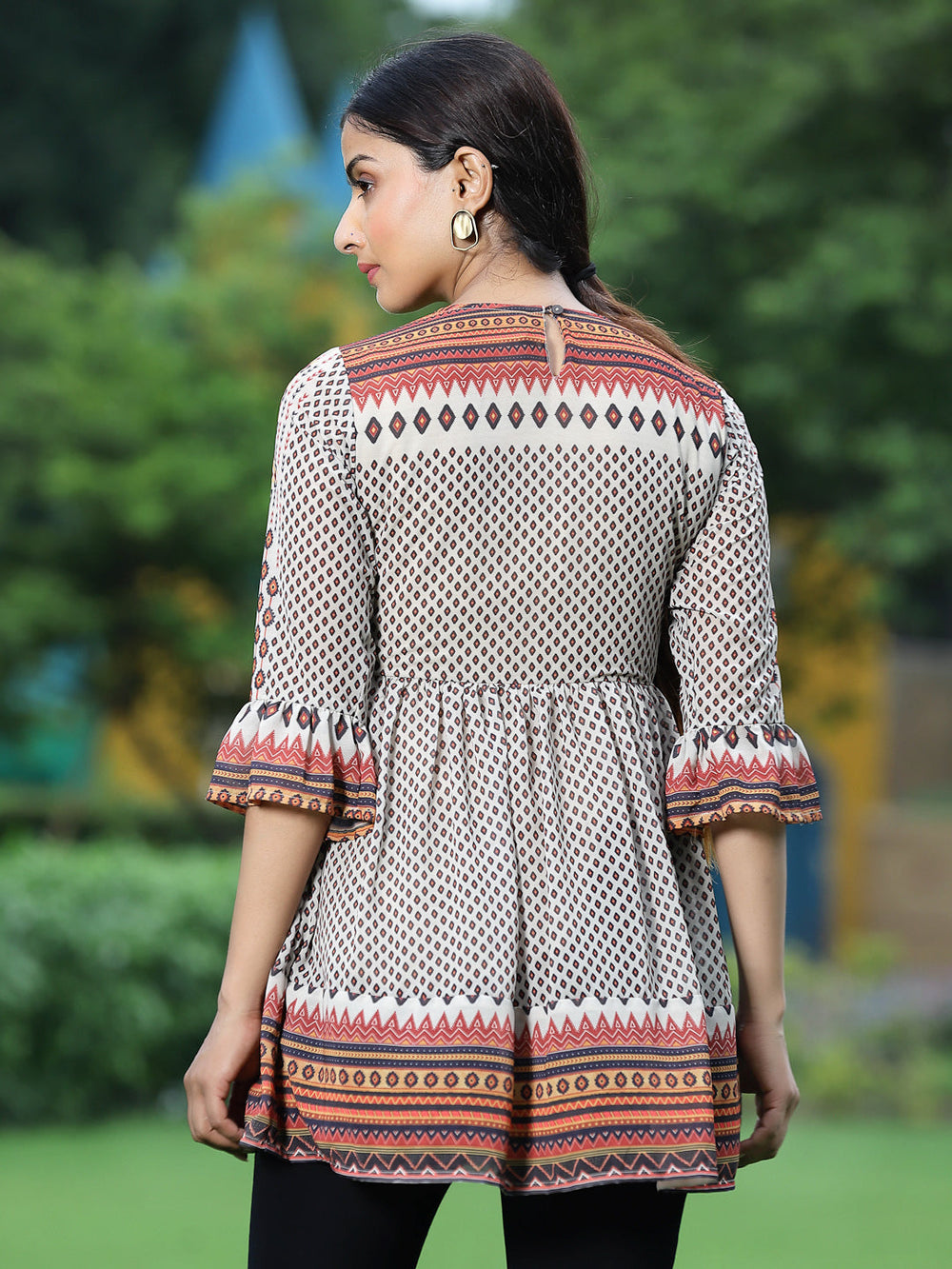 Juniper Off - White Georgette Festive Printed Flared Tunic For Women - Distacart