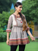Thumbnail for Juniper Off - White Georgette Festive Printed Flared Tunic For Women - Distacart