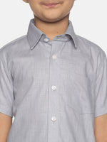 Thumbnail for Sethukrishna Boys Grey & White Solid Shirt with Veshti Set - Distacart