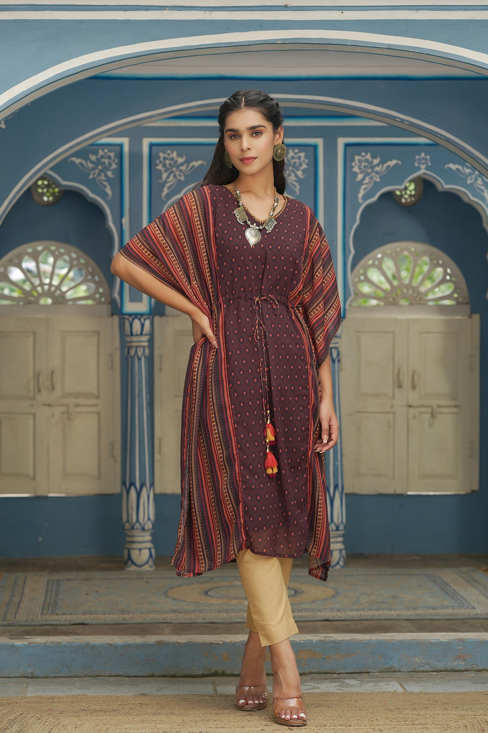 Juniper Brown Georgette Festive Printed Straight Kaftan For Women - Distacart